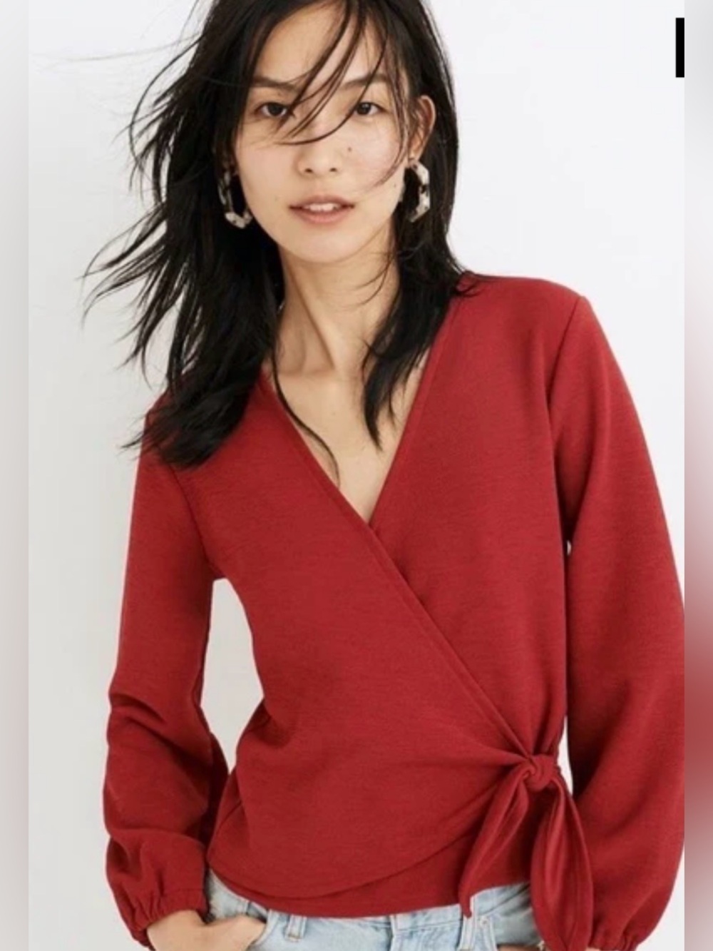 Madewell Texture & Thread Crossbody Wrap Blouse Top Red Crepe puff sleeve S